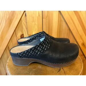 DANSKO Shoes BEV NUBUCK Women Size 40 US 9.5 Black Leather Mule Clog Woven Trim